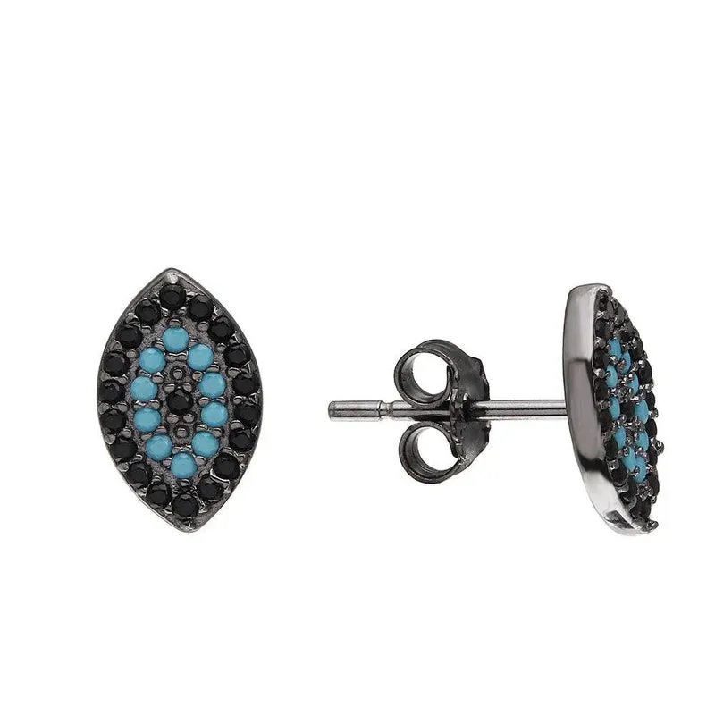 Black Rhodium Plated 925 Sterling Silver Evil Eye Earrings with Black CZ and Turquoise Stones