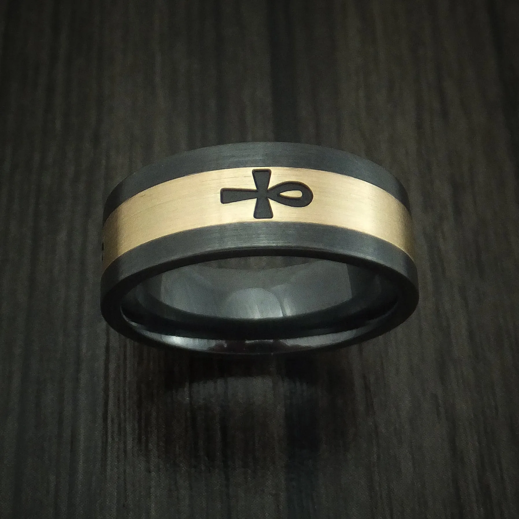 Black Titanium and 14K Yellow Gold with Egyptian Ankh Custom Made Men's Ring