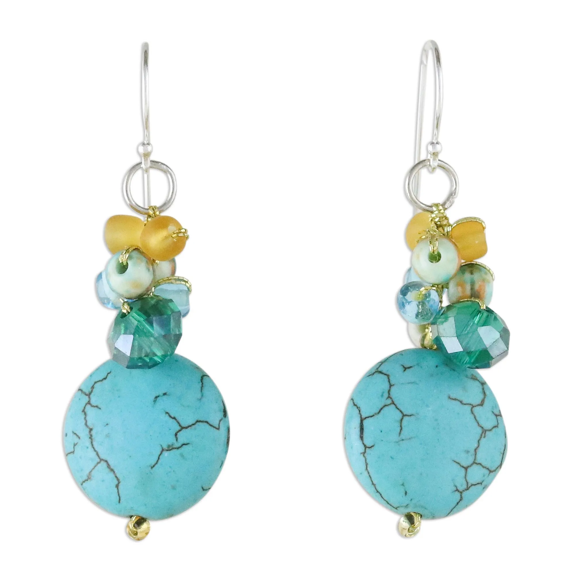 Blue Calcite and Glass Bead Dangle Earrings from Thailand - Blue Circles | NOVICA