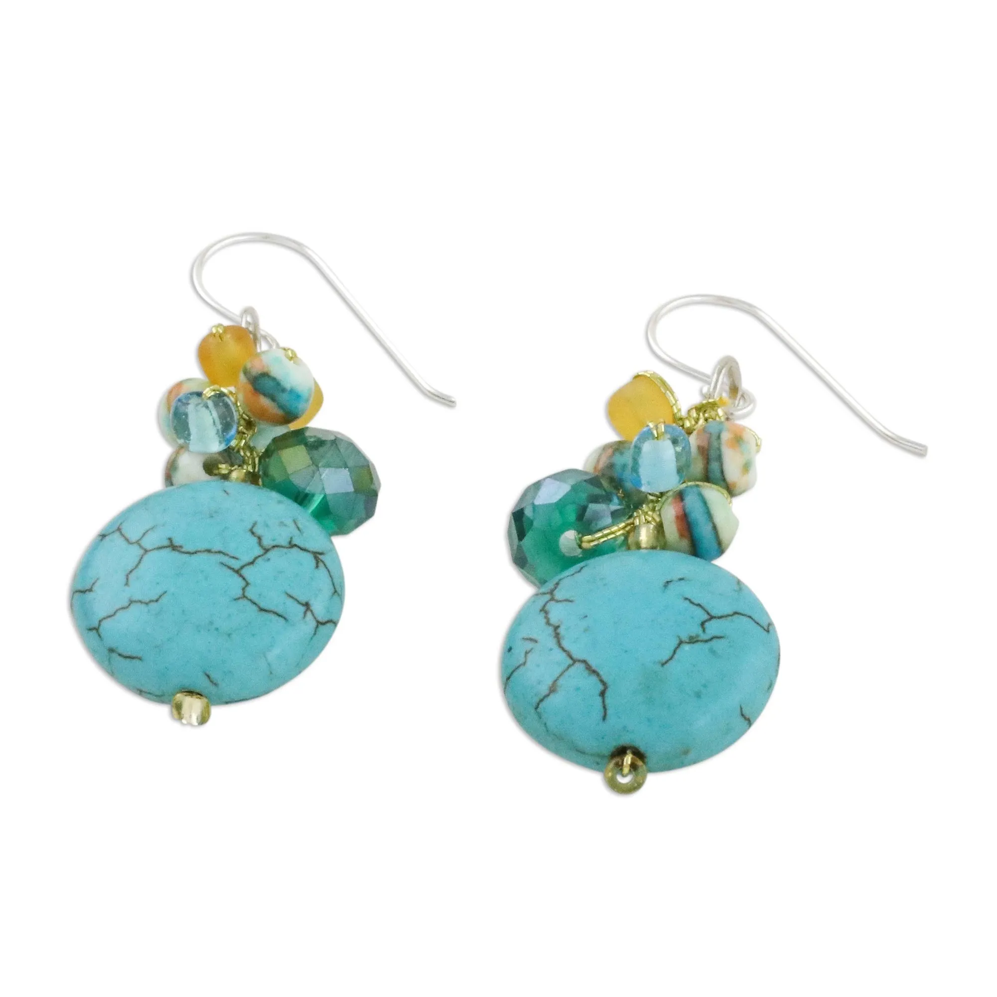 Blue Calcite and Glass Bead Dangle Earrings from Thailand - Blue Circles | NOVICA