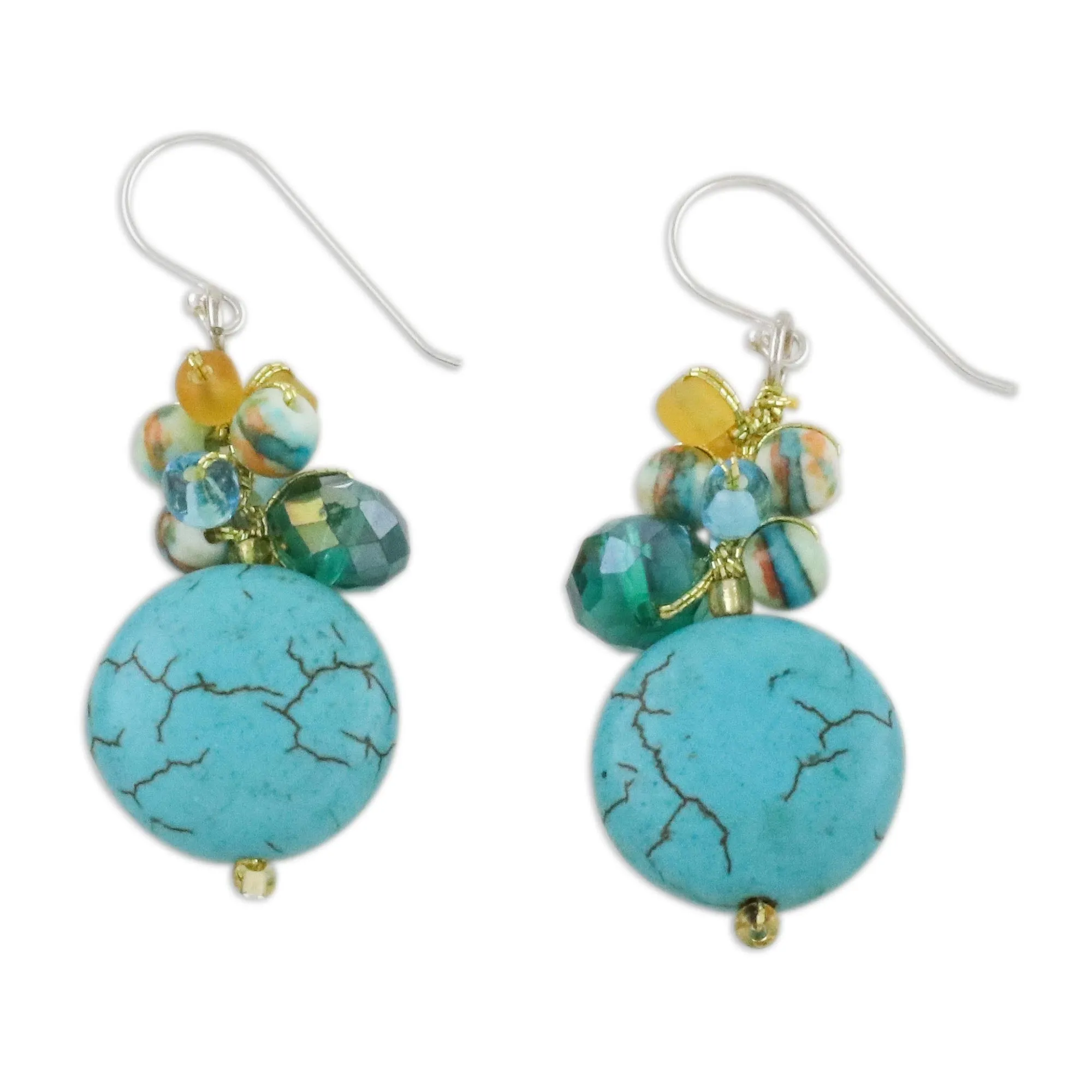 Blue Calcite and Glass Bead Dangle Earrings from Thailand - Blue Circles | NOVICA