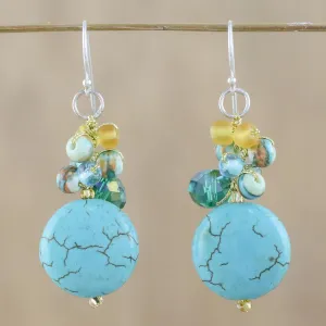 Blue Calcite and Glass Bead Dangle Earrings from Thailand - Blue Circles | NOVICA