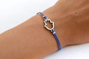 Blue cord bracelet with a silver Hamsa charm, mothers day gift