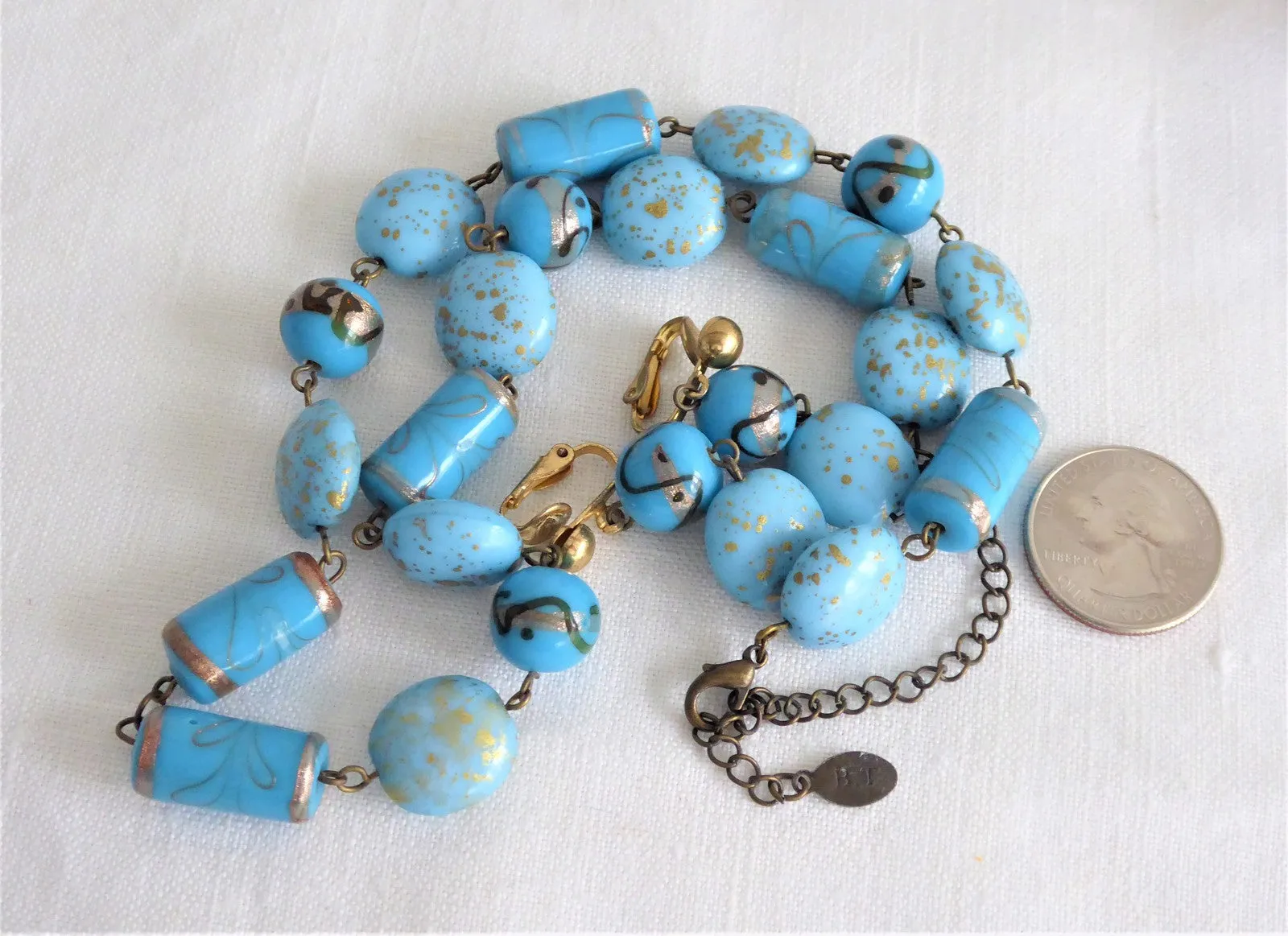 Blue Glass Lampwork Beaded Necklace Earrings Turquoise Gold 1990s Bijoux Terner