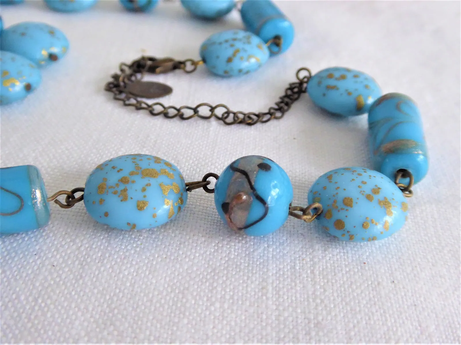 Blue Glass Lampwork Beaded Necklace Earrings Turquoise Gold 1990s Bijoux Terner