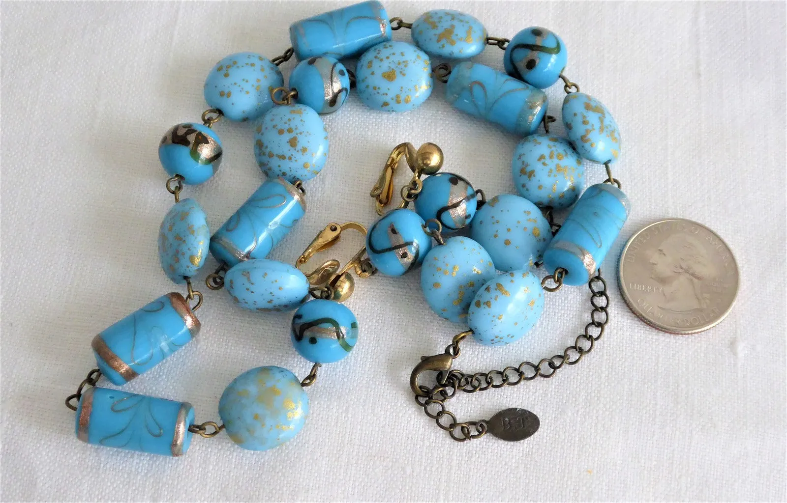 Blue Glass Lampwork Beaded Necklace Earrings Turquoise Gold 1990s Bijoux Terner