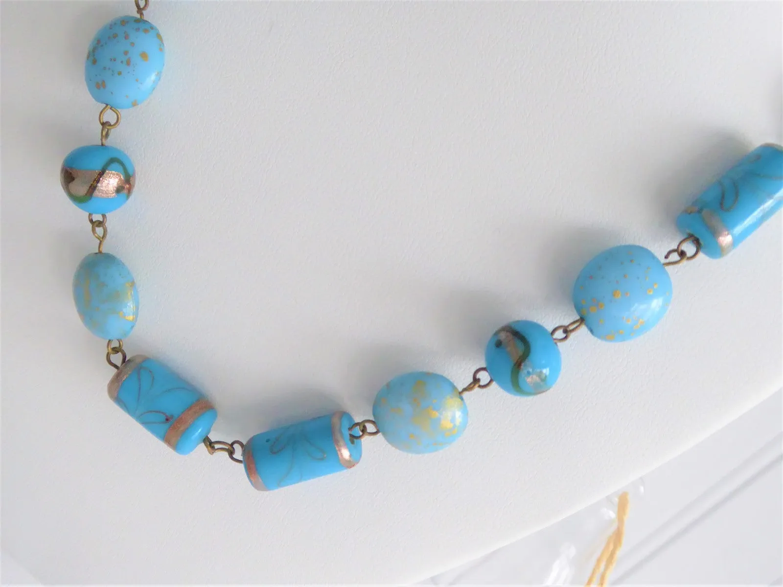 Blue Glass Lampwork Beaded Necklace Earrings Turquoise Gold 1990s Bijoux Terner