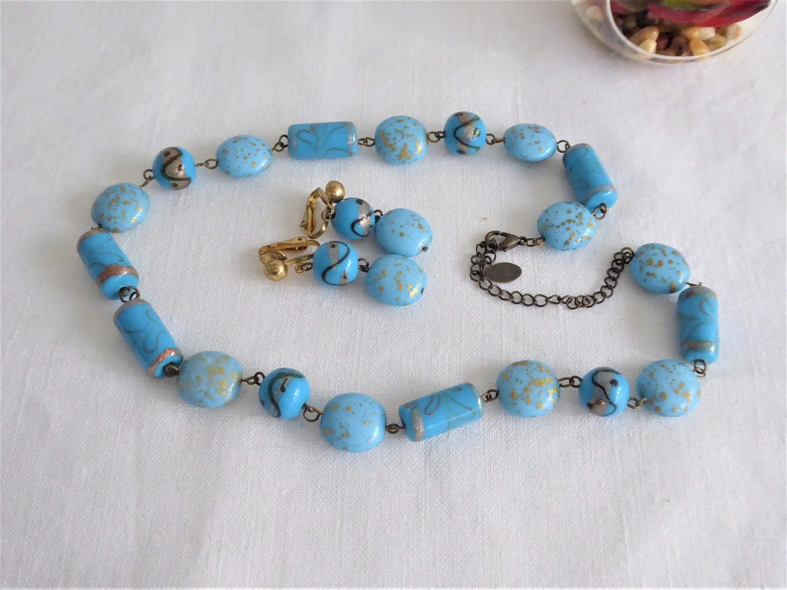 Blue Glass Lampwork Beaded Necklace Earrings Turquoise Gold 1990s Bijoux Terner