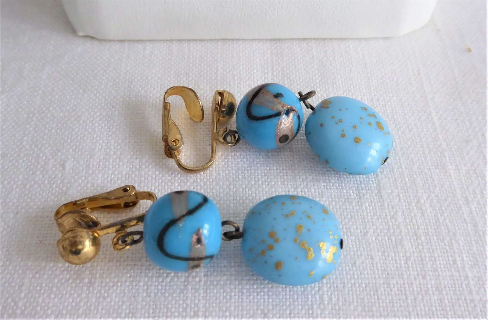 Blue Glass Lampwork Beaded Necklace Earrings Turquoise Gold 1990s Bijoux Terner