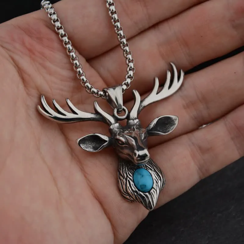 Blue Turquoise Elk Deer Head Pendant Necklace