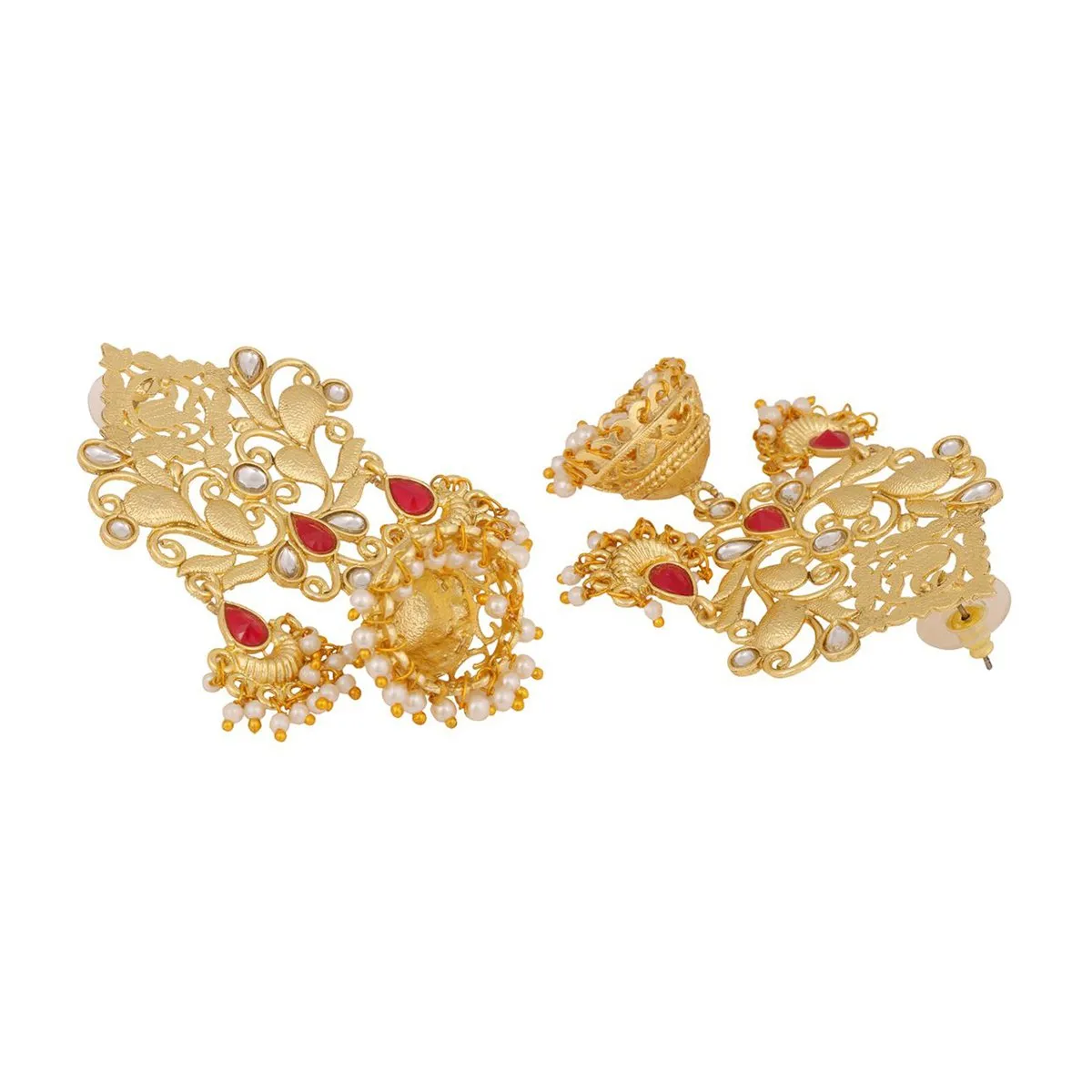 Bollywood Filigree Gold Red Kundan Pearl Chandelier Jhumki Earring