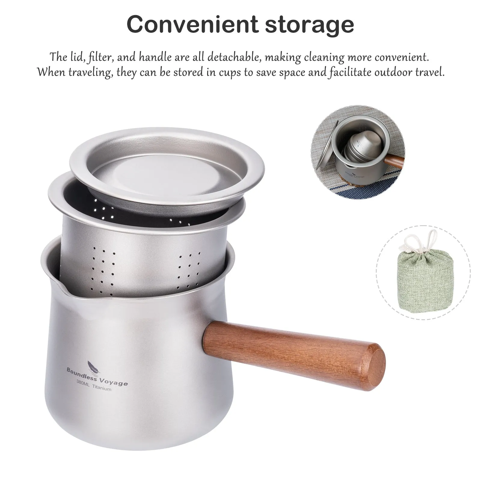 Boundless Voyage 380ML Titanium Cup with Strainer Mini Teacup Single Layer with Wooden Handle Ultralight Outdoors for Camping Hiking Water Cup