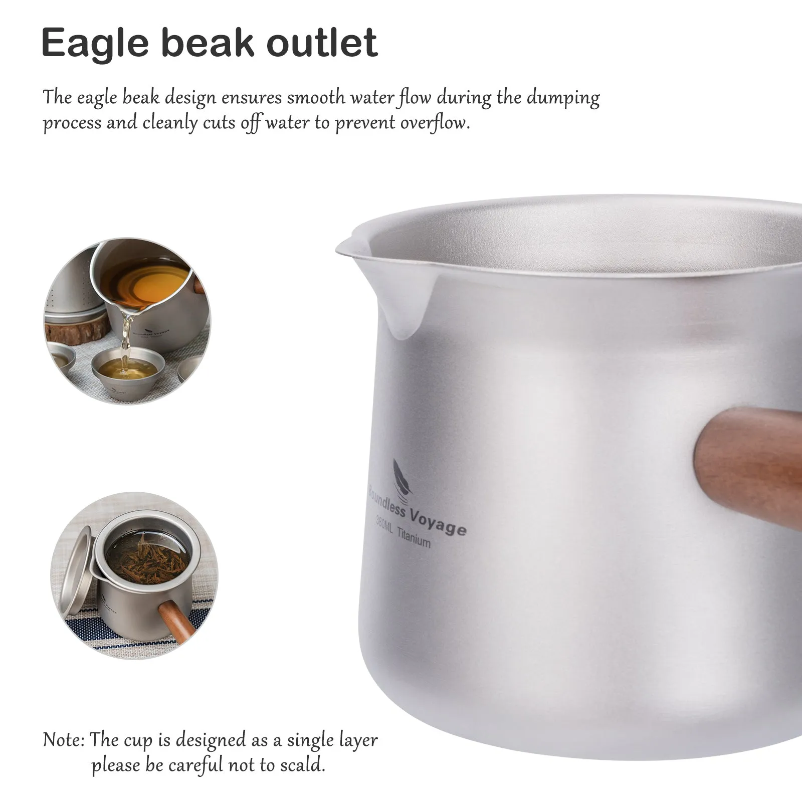 Boundless Voyage 380ML Titanium Cup with Strainer Mini Teacup Single Layer with Wooden Handle Ultralight Outdoors for Camping Hiking Water Cup