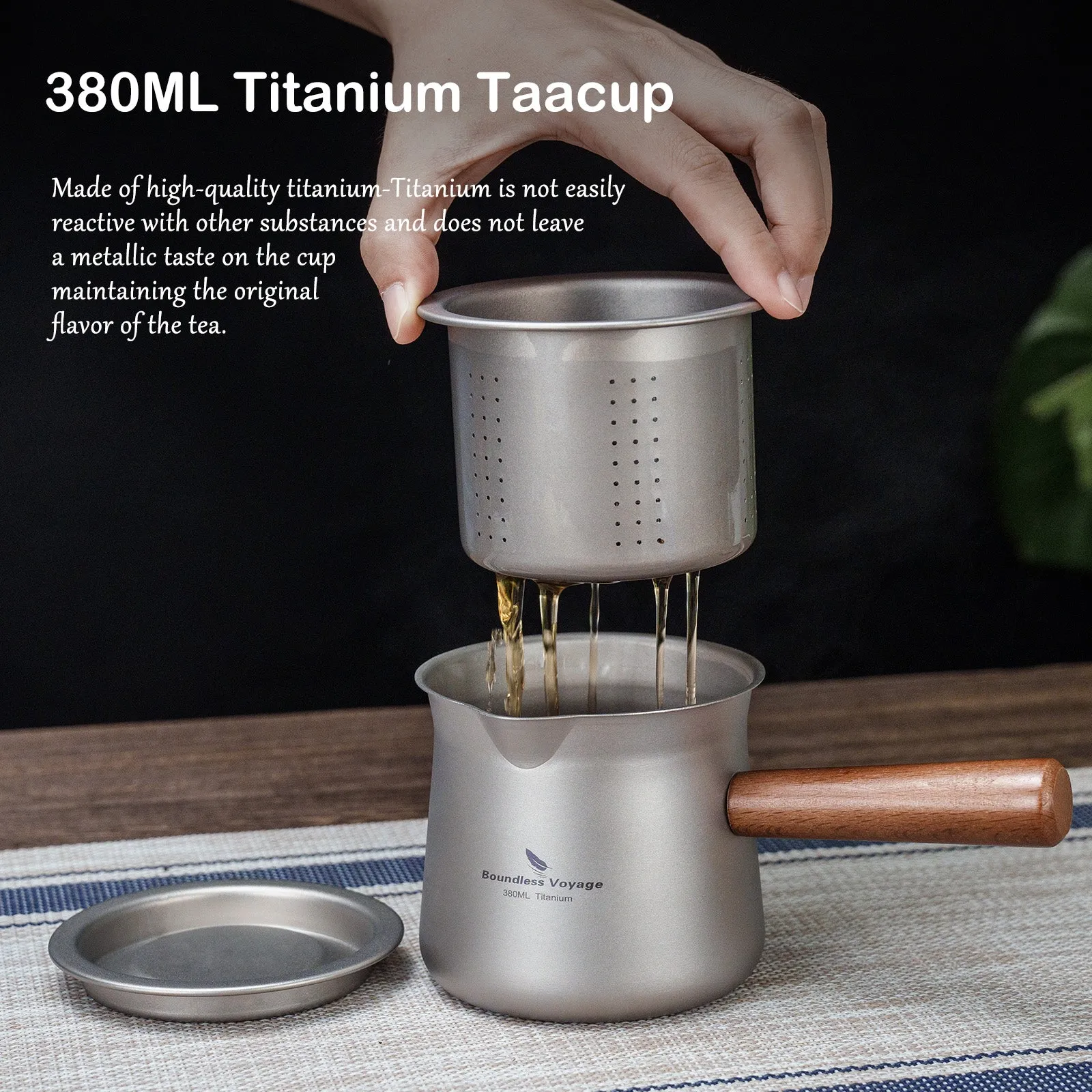 Boundless Voyage 380ML Titanium Cup with Strainer Mini Teacup Single Layer with Wooden Handle Ultralight Outdoors for Camping Hiking Water Cup