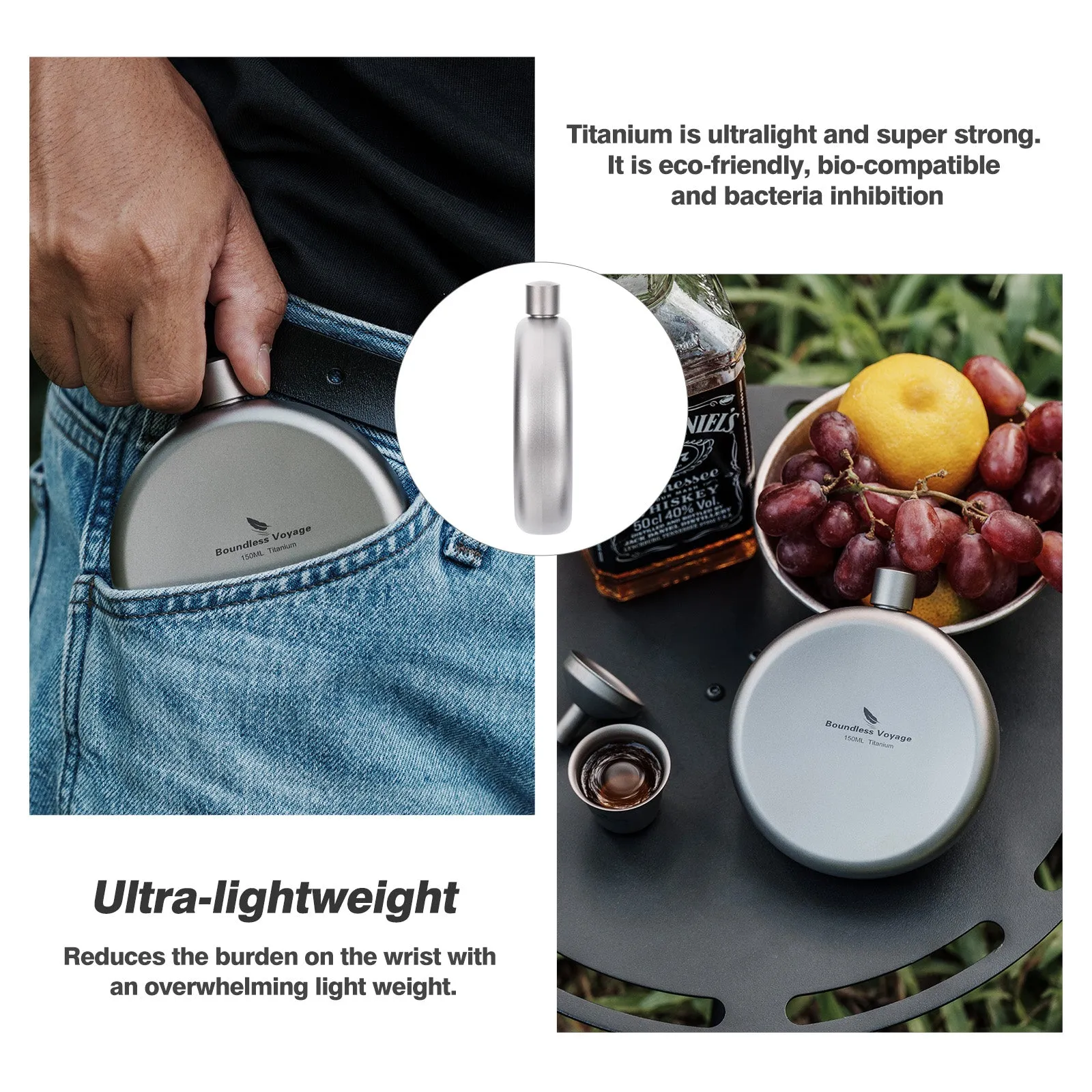 Boundless Voyage Camping Titanium Hip Flask Portable Round Wine Bottle With Funnel Whiskey Alcohol Drink ware Accessories