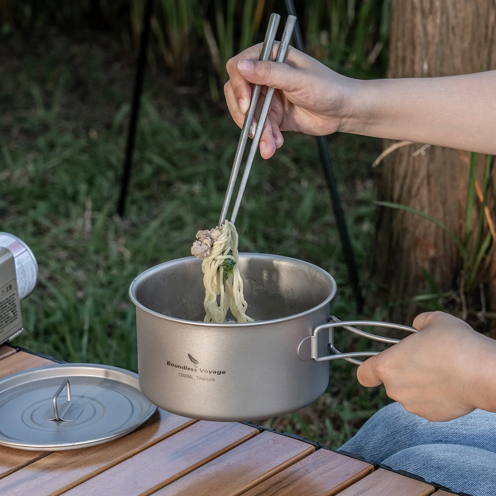 Boundless Voyage Lightweight 1200ml Titanium Pot Outdoor Portable Cooking Set hiking Backpacking Pot for Hiking Trekking Picnic Fishing Mountaineering