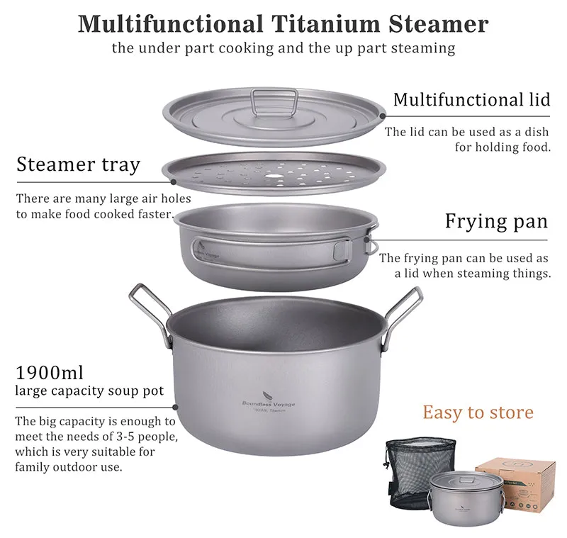 Boundless Voyage Multifunctional Titanium Steamer Soup Pot Frying Pan Set with Lid Outdoor Camping Wok Tea Tray Saucepan Mess Kit