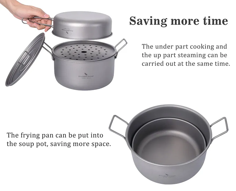 Boundless Voyage Multifunctional Titanium Steamer Soup Pot Frying Pan Set with Lid Outdoor Camping Wok Tea Tray Saucepan Mess Kit