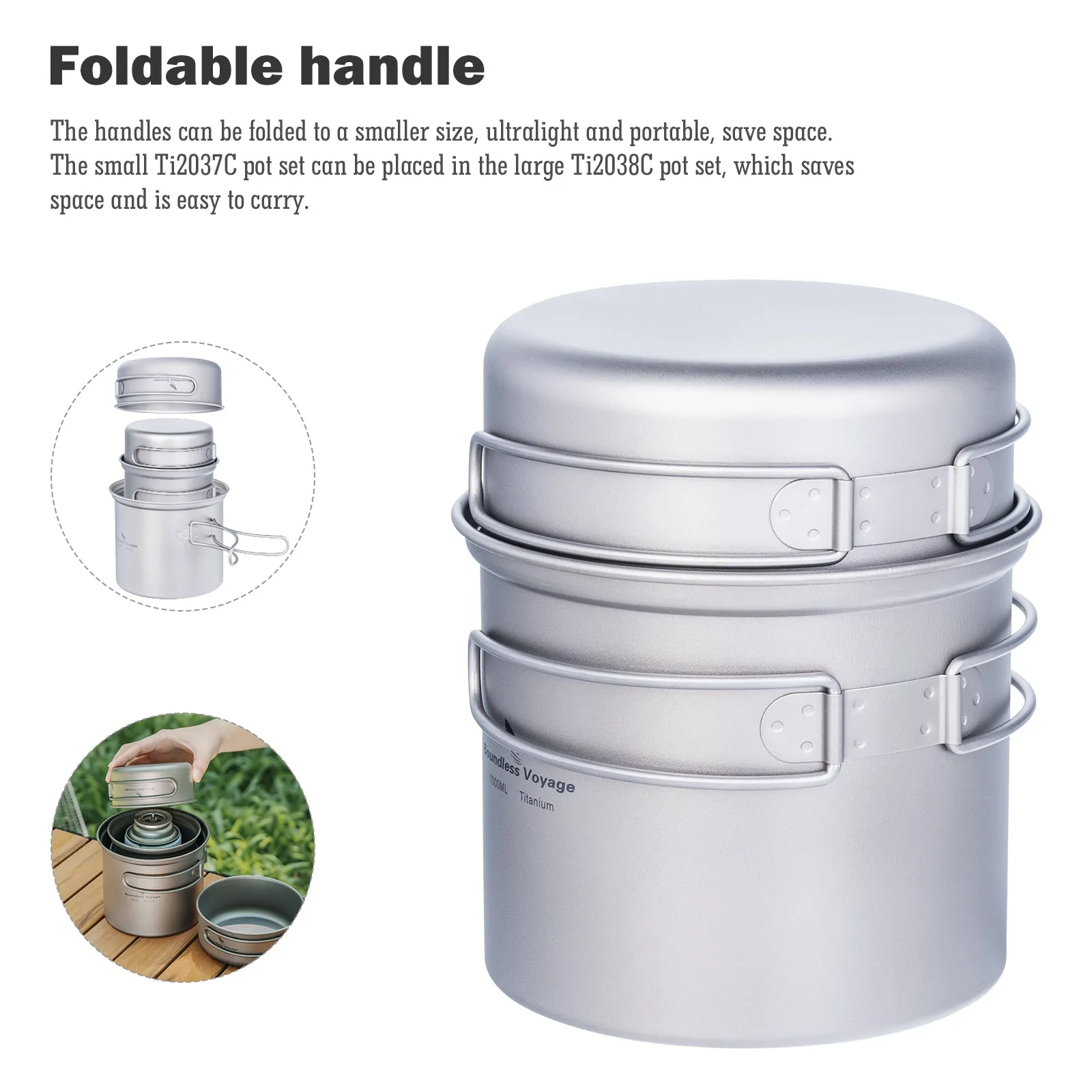 Boundless Voyage Outdoor Camping Titanium Pot Pan set with Folding Handle Picnic Hiking Mess Kit Cookware