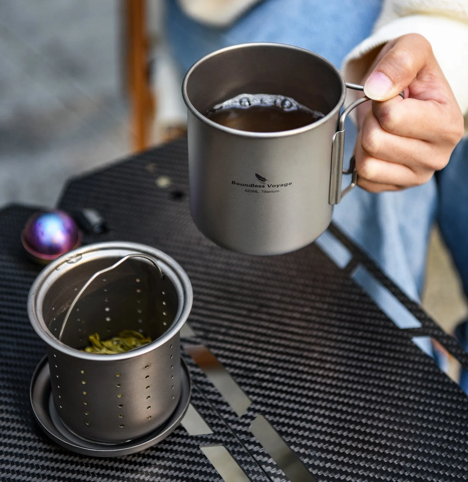 Boundless Voyage Titanium Mug with Tea Strainer 420ml/14.2 fl oz Portable Folding Handle Lightweight Tea Cup with Tea Filter Outdoor Camping Tea Maker