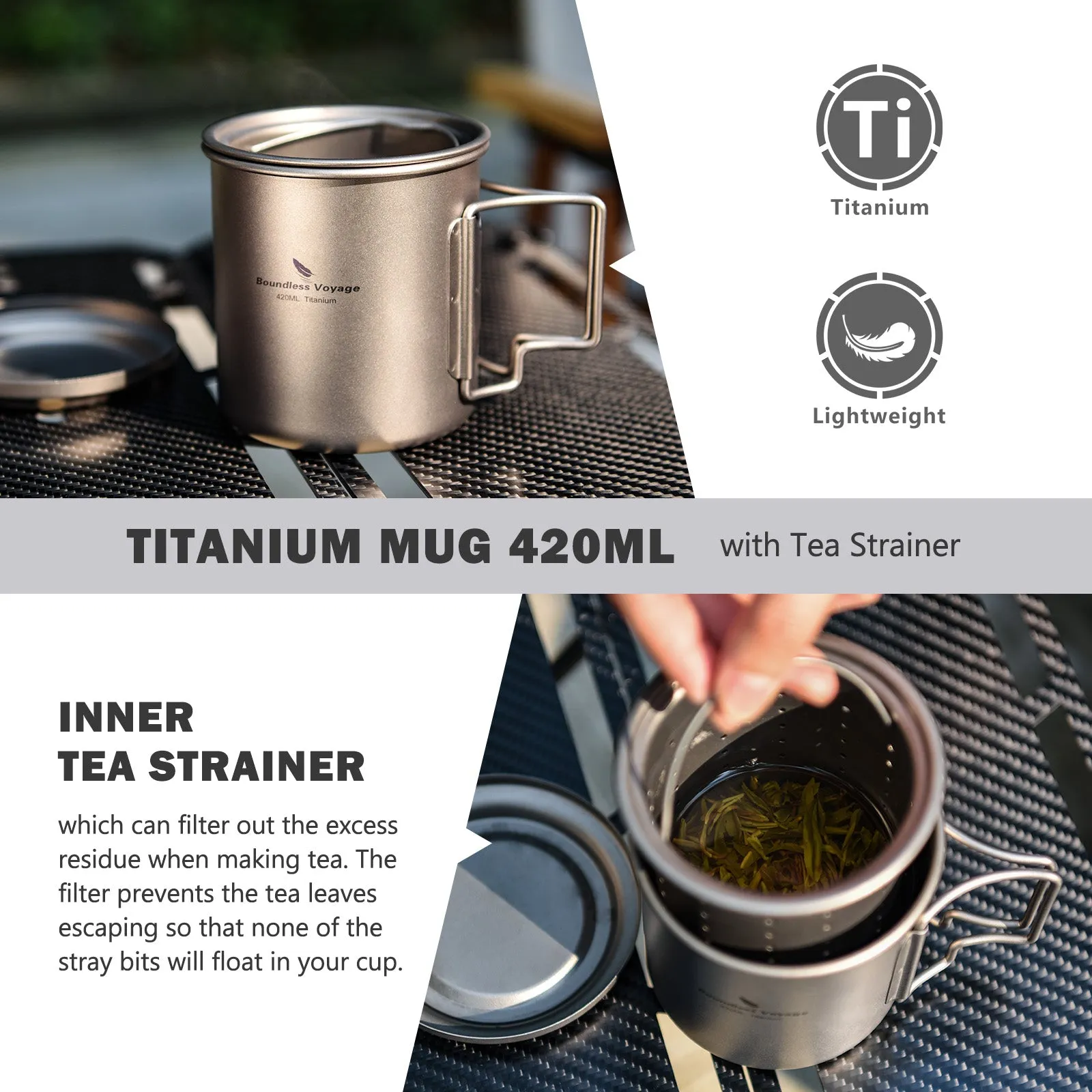 Boundless Voyage Titanium Mug with Tea Strainer 420ml/14.2 fl oz Portable Folding Handle Lightweight Tea Cup with Tea Filter Outdoor Camping Tea Maker