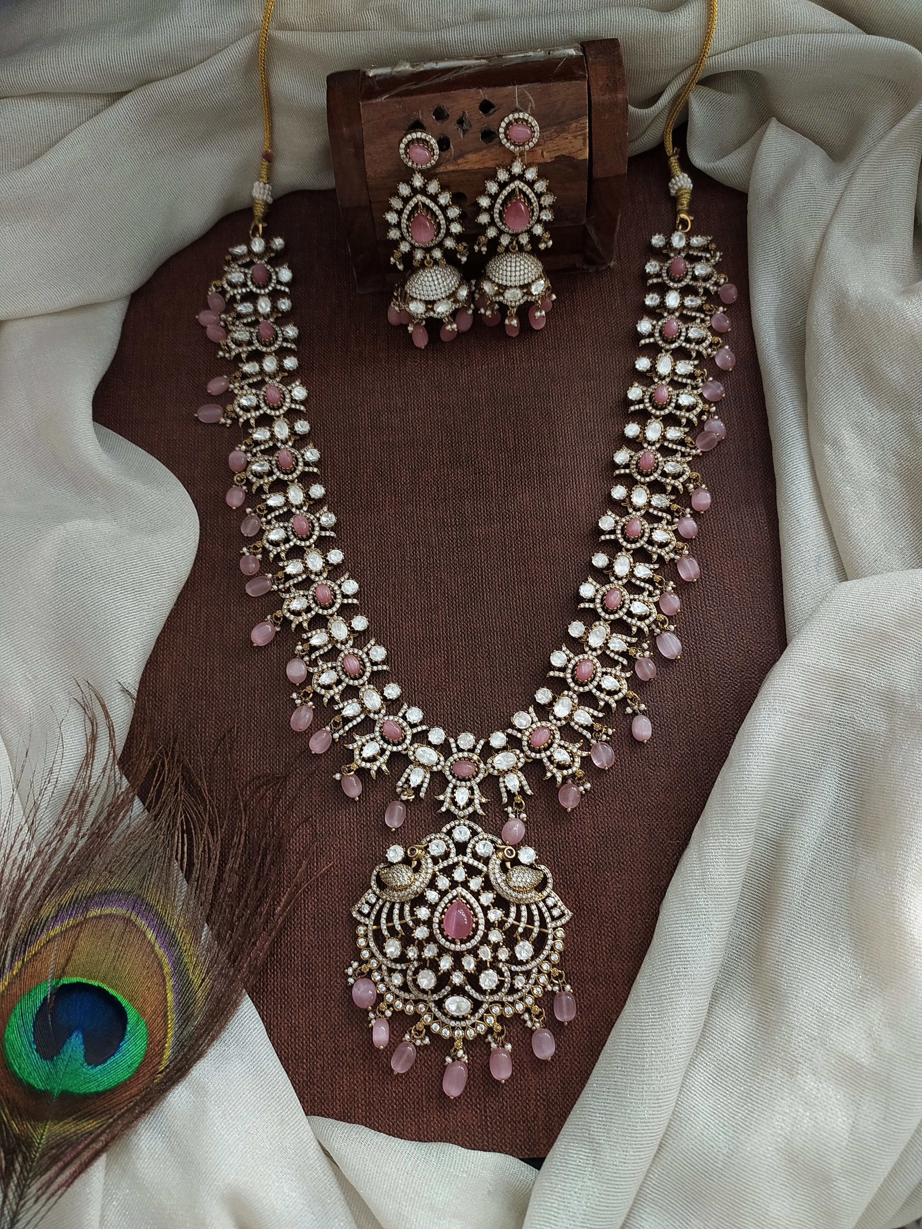 Bridal Victorian long haram set with moissanite stones available in five different colors Pastel mint, Ruby, Violet, green, and white