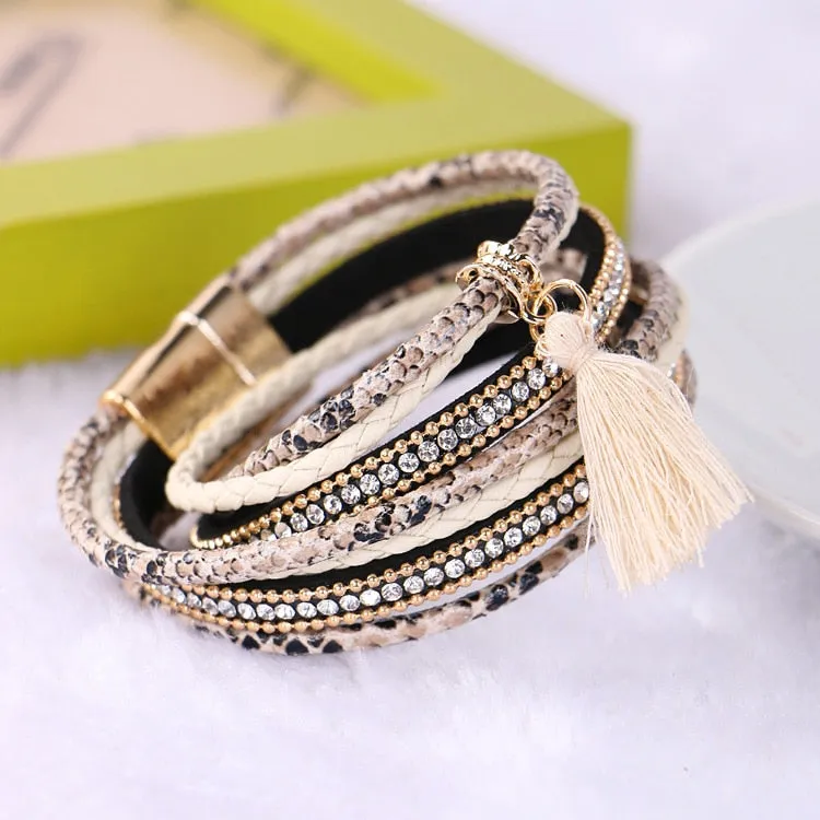 Charm Pearls & Bangles Magnet Buckle Leather Bracelet