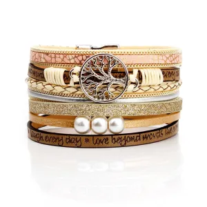 Charm Pearls & Bangles Magnet Buckle Leather Bracelet