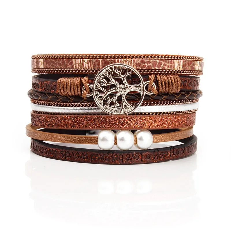 Charm Pearls & Bangles Magnet Buckle Leather Bracelet