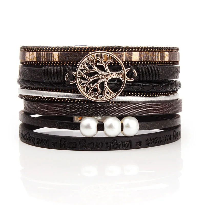 Charm Pearls & Bangles Magnet Buckle Leather Bracelet