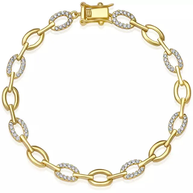 CRISLU Pave Oval Link Bracelet Finished in 18kt Gold- 7 Inches