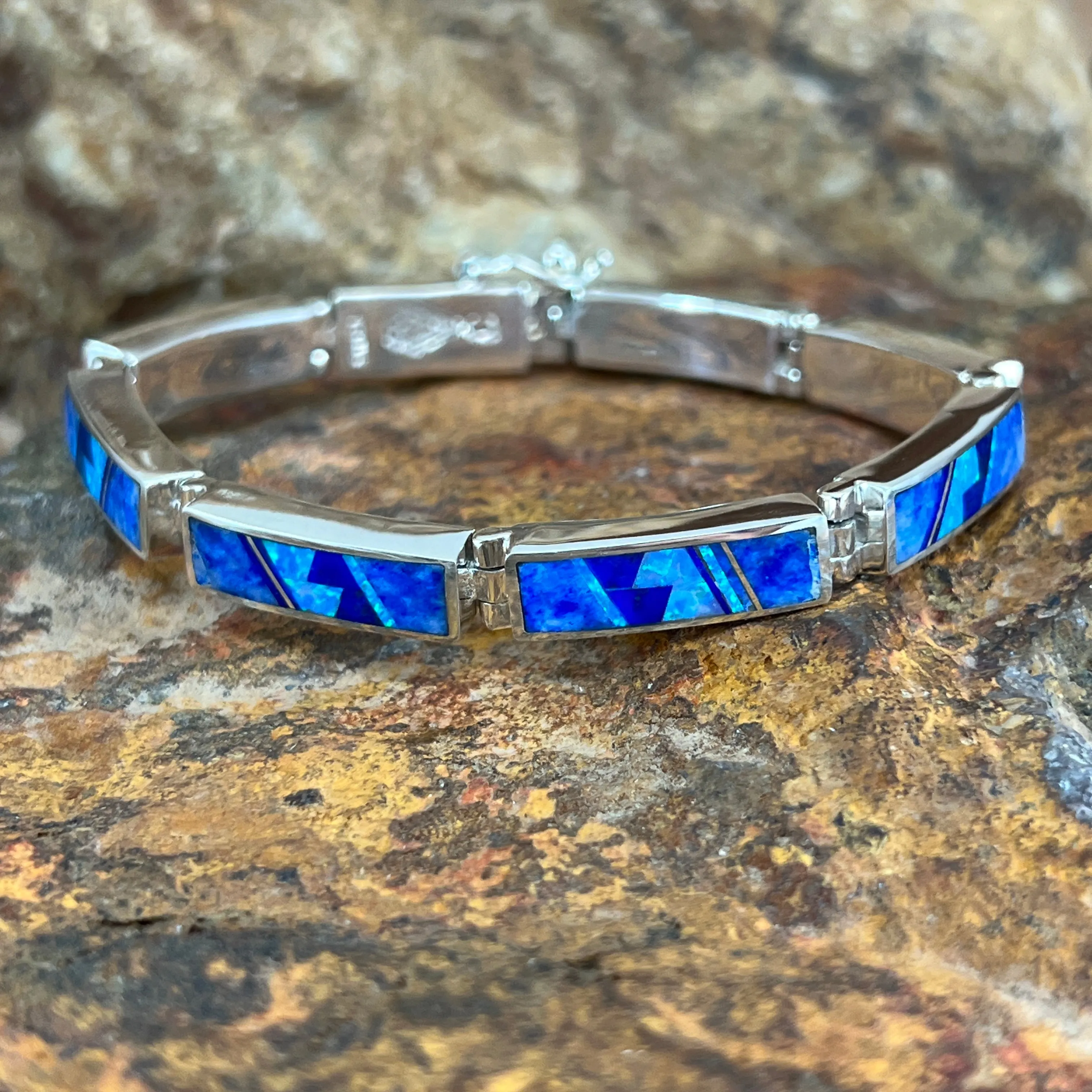 David Rosales Blue Sky Fancy Inlaid Sterling Silver Big Link Bracelet