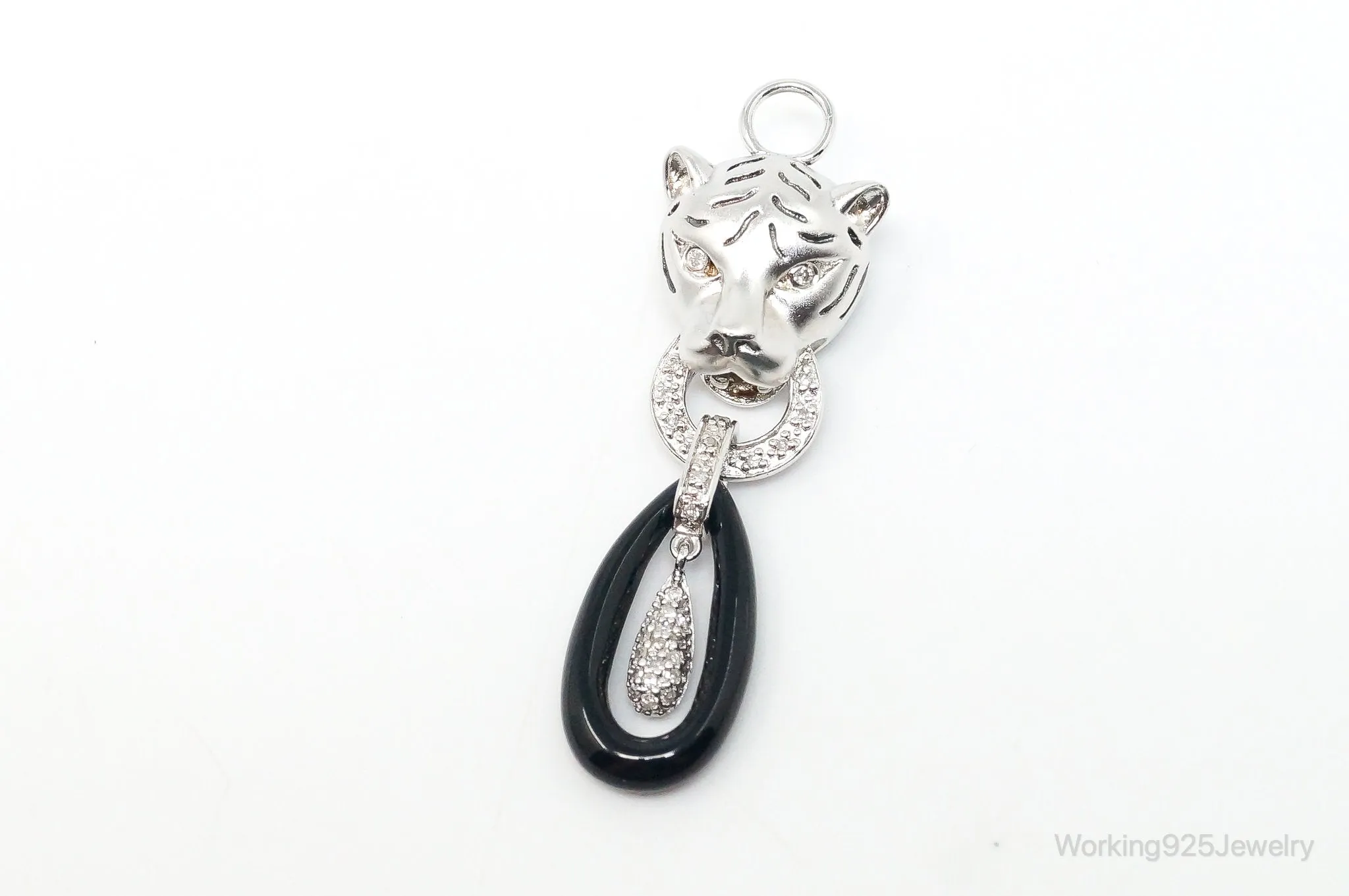 Designer EA Black Onyx Cubic Zirconia Tiger Knocker Sterling Silver Pendant