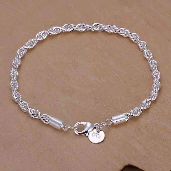 Diamond Cut Rope Chain 4mm Silver Bracelet For Woman any Occasion