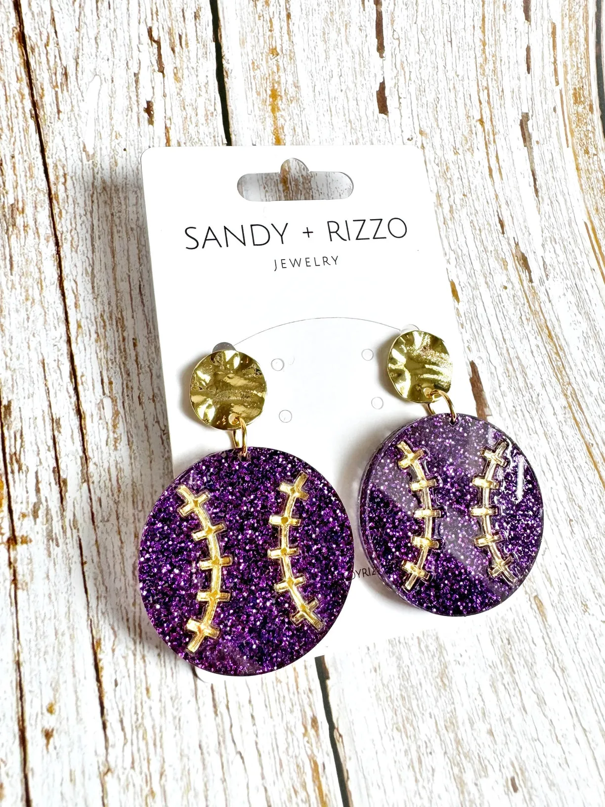 Earrings Purple & Gold Baseball Dangle