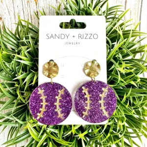 Earrings Purple & Gold Baseball Dangle