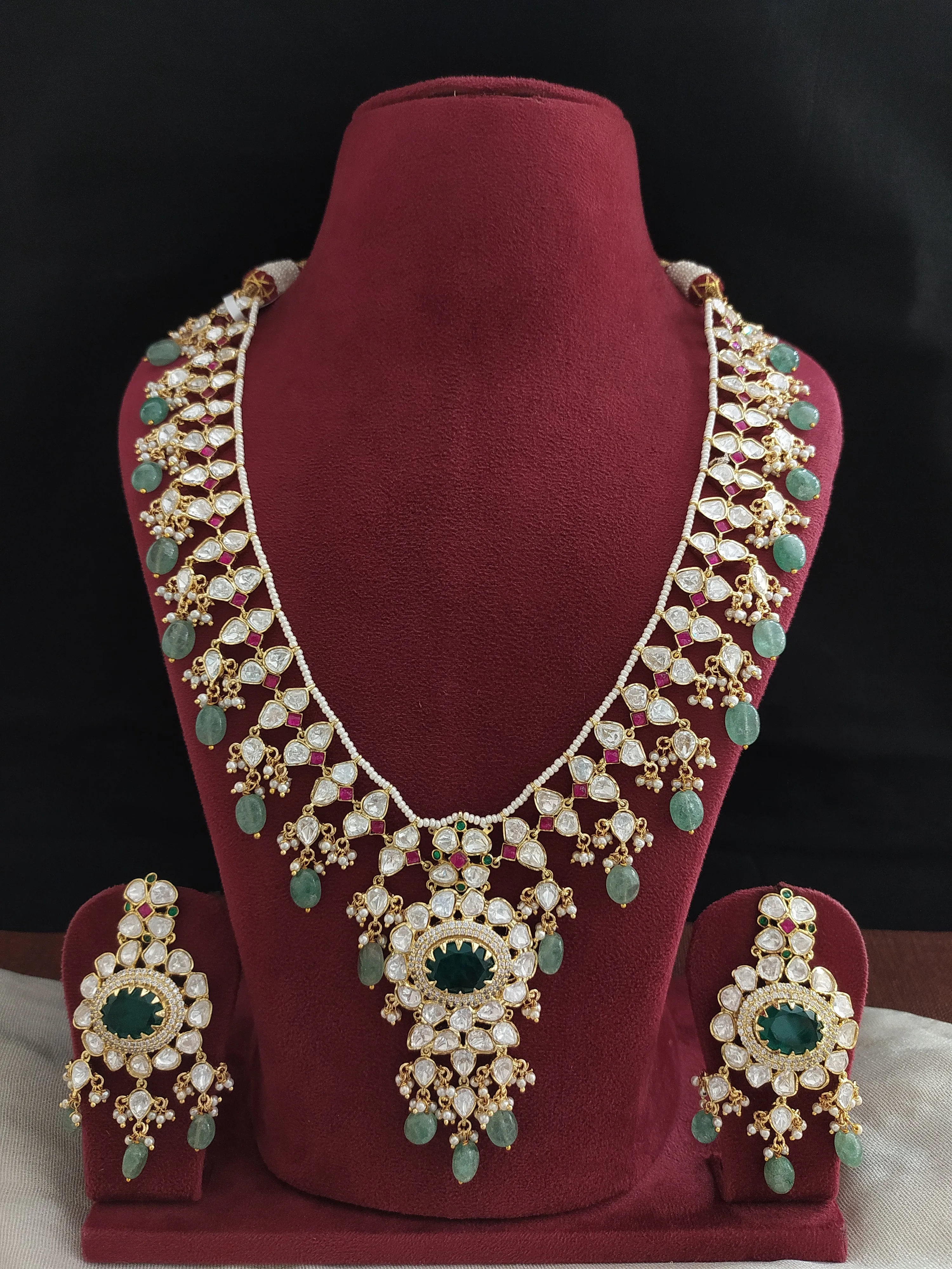 Elegant Moissanite Long Haram Set with White, Ruby, and Green Stones & Mint-Toned Strawberry Drops