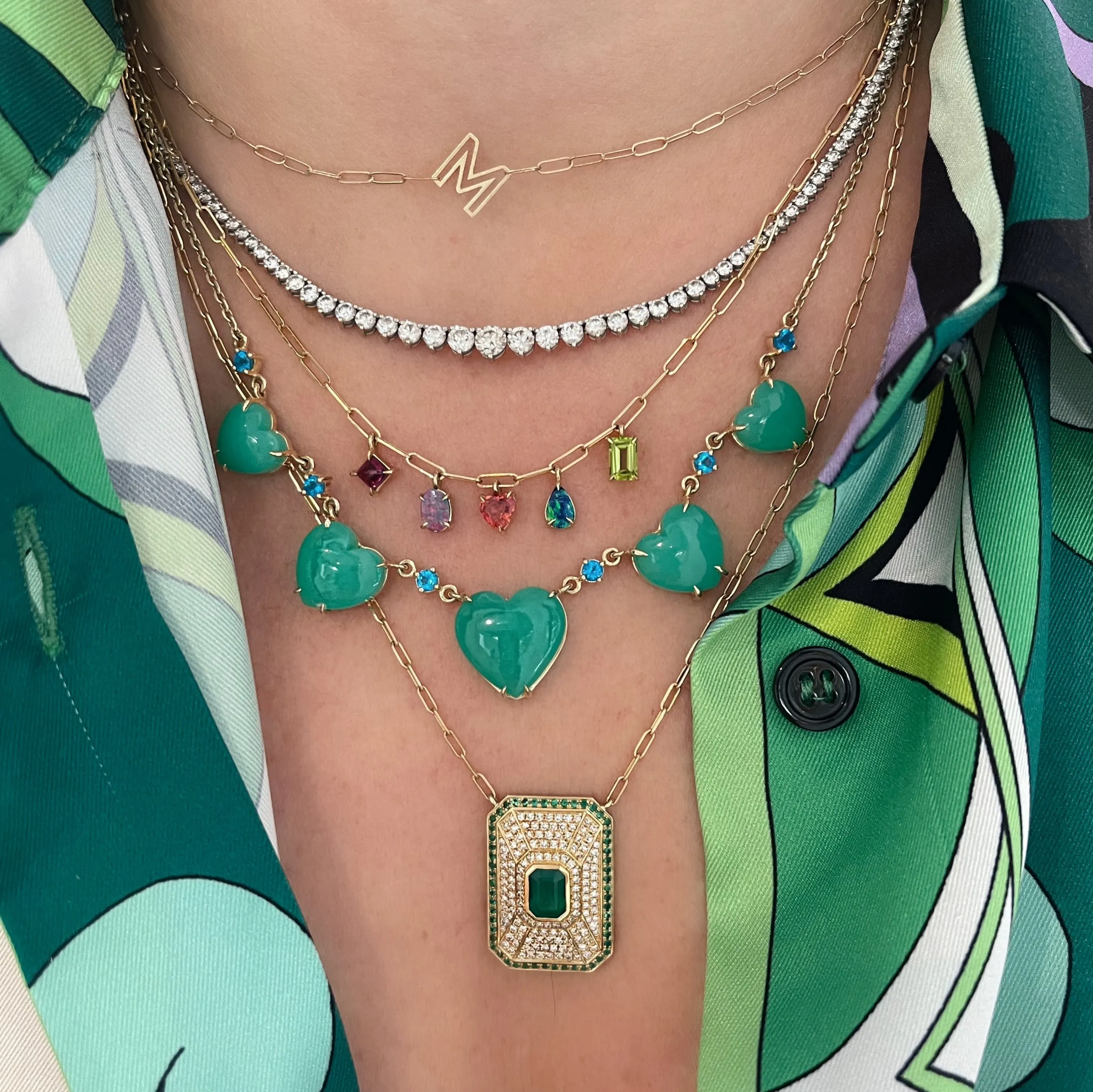 Emerald & Diamond Deco Badge Pendant Necklace