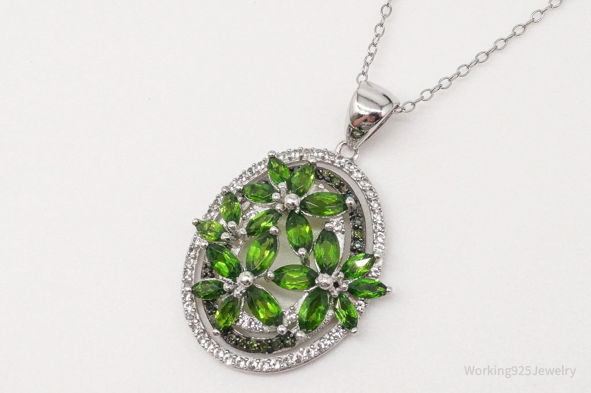 Emerald White Topaz Green Diamond Rhodium Over Sterling Silver Necklace 20"