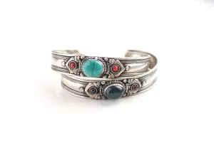 Emrald and Turquoise Inlaid White Metal Tibetan Bracelet