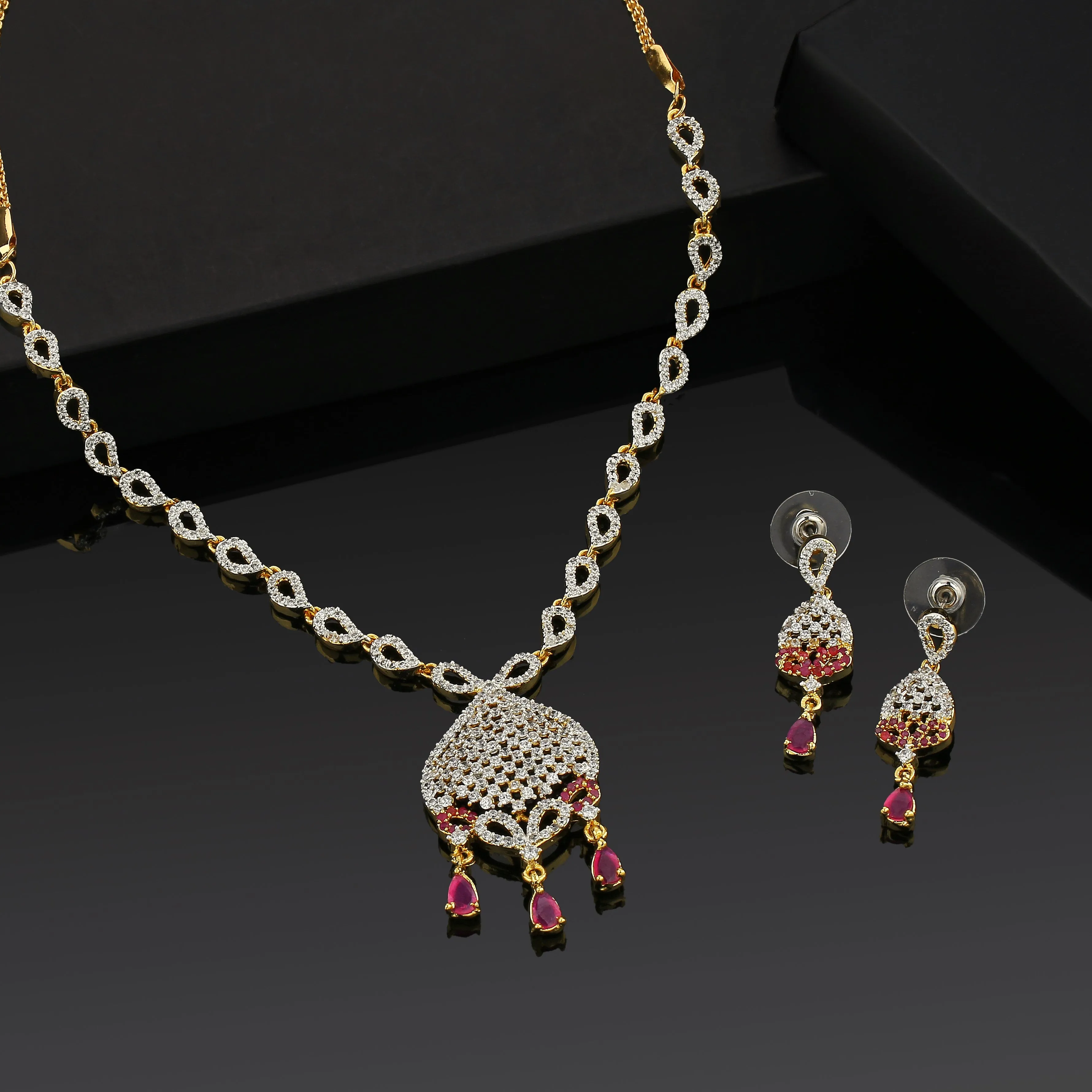 Estele - 24 KT Gold plated Nakshatra Necklace Set with Austrian Crystals and Ruby stones