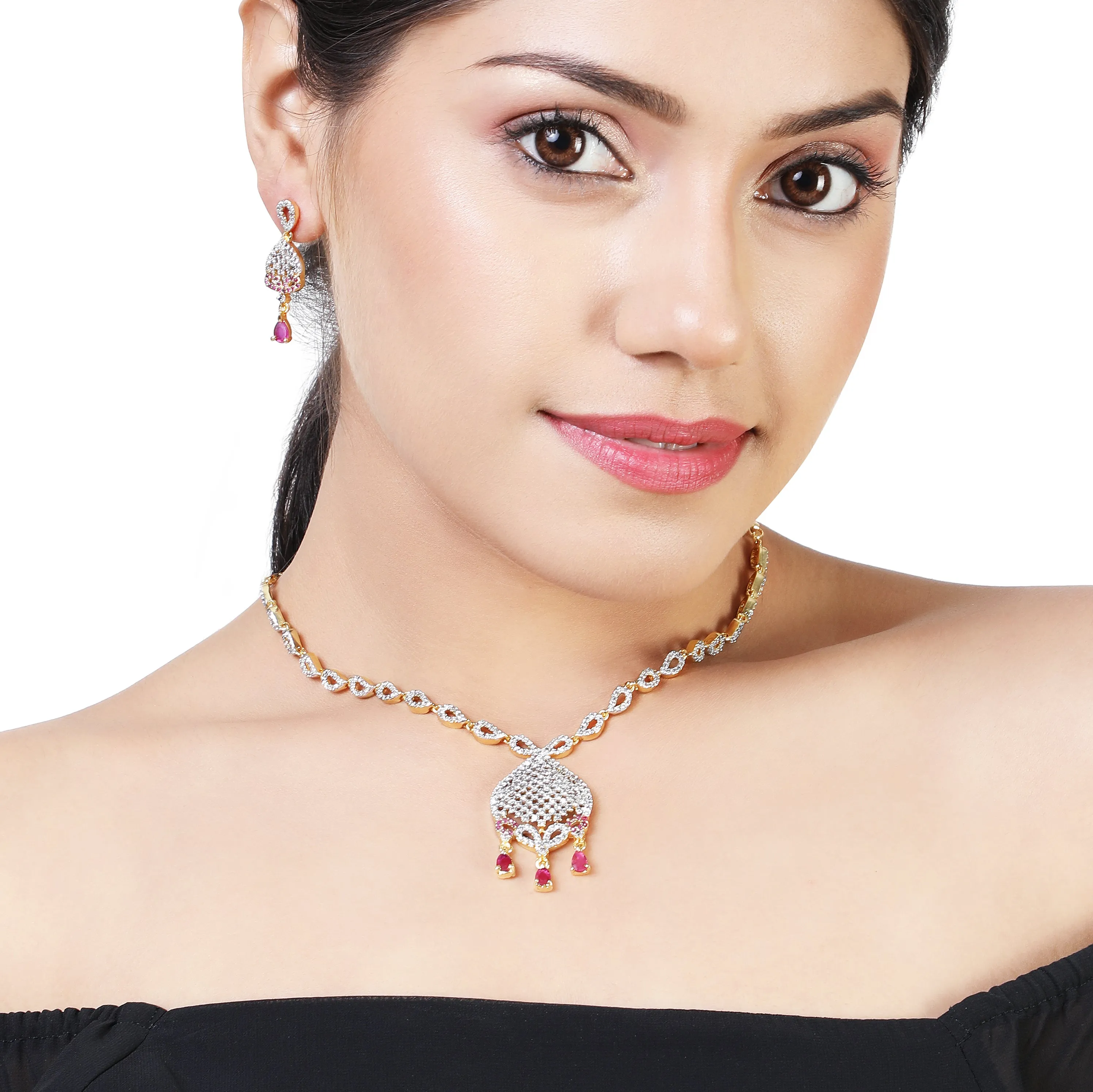 Estele - 24 KT Gold plated Nakshatra Necklace Set with Austrian Crystals and Ruby stones