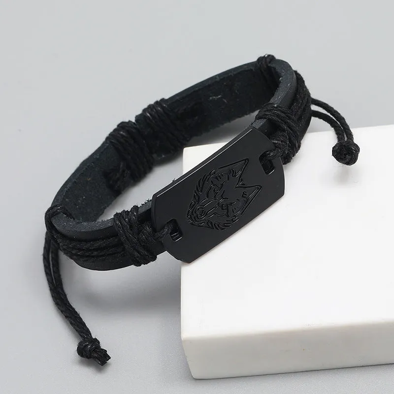 European and American Punk Men's Leather Bracelet Black Wolf Head Bracelet Multi-Layer Braided Bracelet Leather Rope for Boyfriend