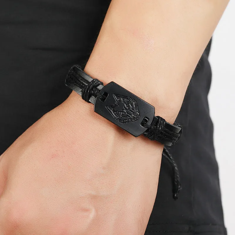 European and American Punk Men's Leather Bracelet Black Wolf Head Bracelet Multi-Layer Braided Bracelet Leather Rope for Boyfriend