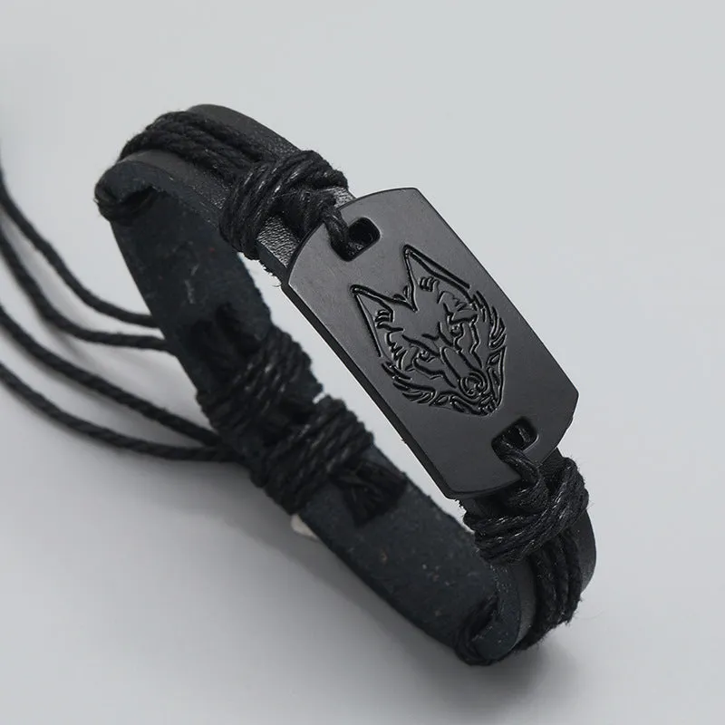 European and American Punk Men's Leather Bracelet Black Wolf Head Bracelet Multi-Layer Braided Bracelet Leather Rope for Boyfriend