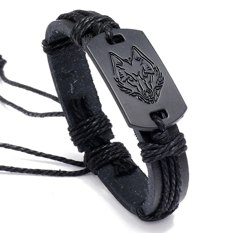 European and American Punk Men's Leather Bracelet Black Wolf Head Bracelet Multi-Layer Braided Bracelet Leather Rope for Boyfriend