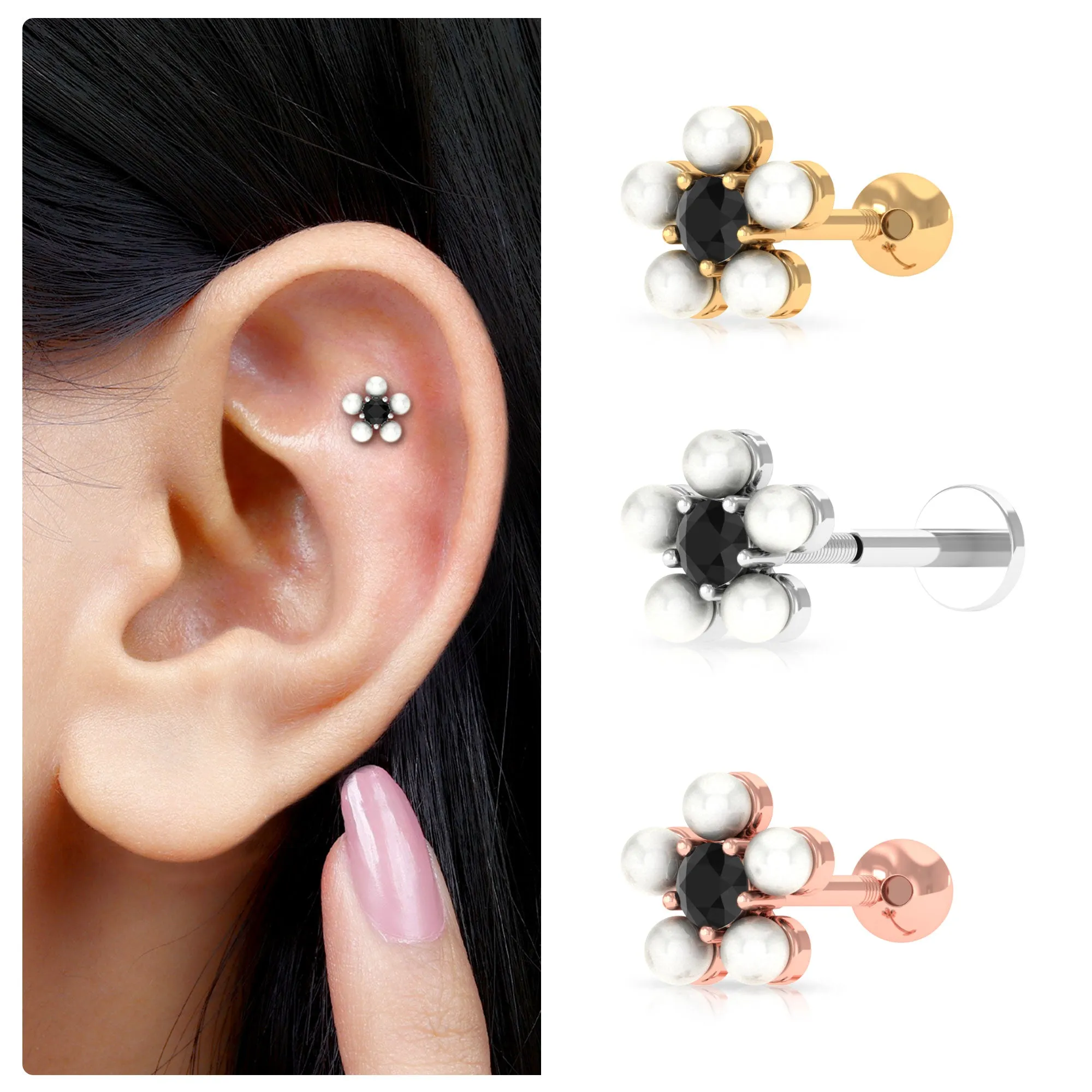 Freshwater Pearl and Black Diamond Flower Earring