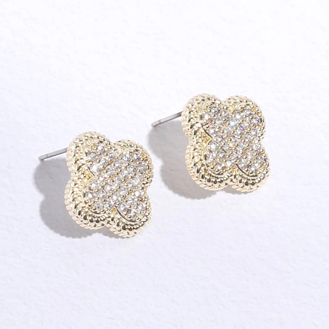 Gold Plated CZ Clover Two-Tone Post Earrings