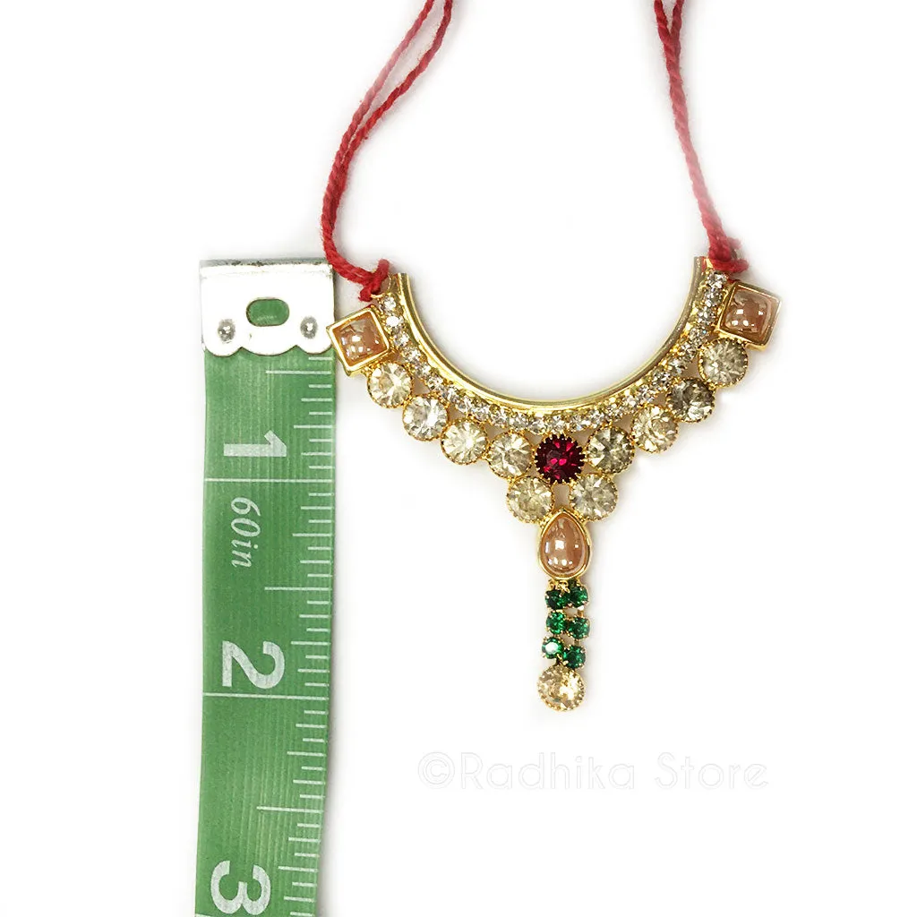 Golden Peal With Diamond Ruby and Emerald Rhinestone Pendant - Deity Necklace