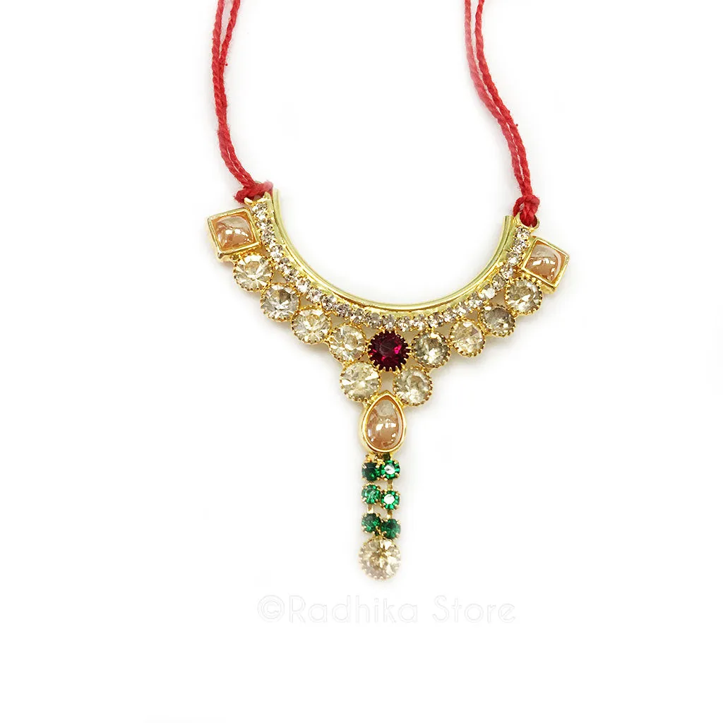 Golden Peal With Diamond Ruby and Emerald Rhinestone Pendant - Deity Necklace